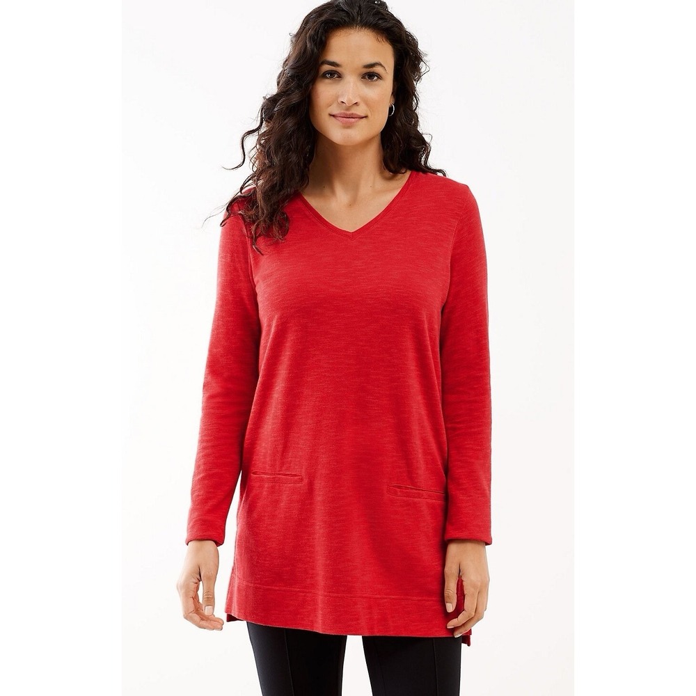 J. Jill Tunic Top Womens Medium Red Knit Cotton Blend Front Pockets V Neck